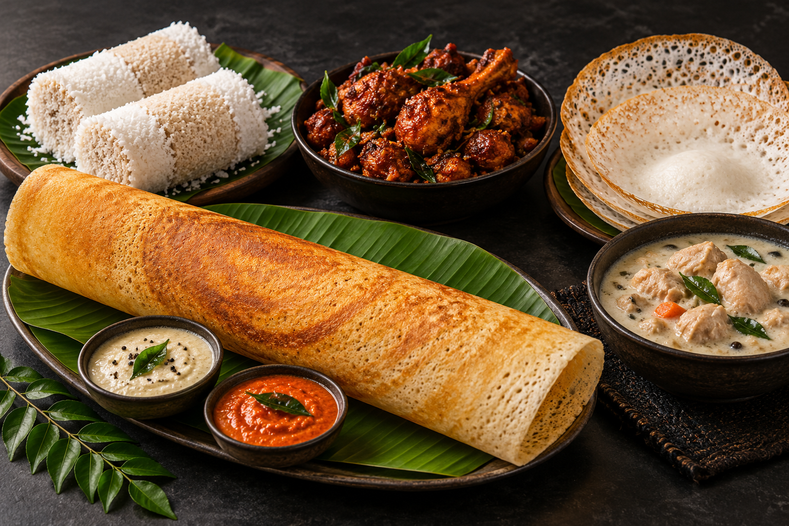 Illustrative Kerala food spread with golden dosa, puttu, chicken fry, appam and stew